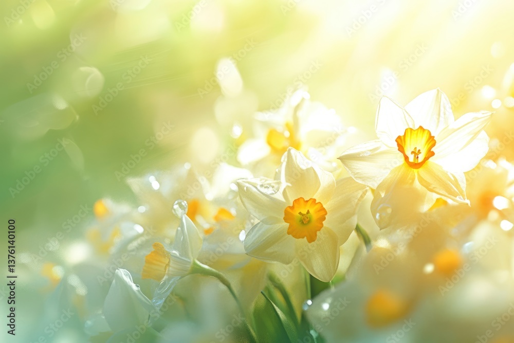 Fototapeta premium Sunlight illuminates a cluster of delicate white daffodils, their orange centers glowing.