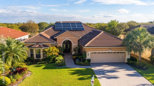 Stunning residential home with solar panels florida real estate photography suburban landscape aerial view sustainability