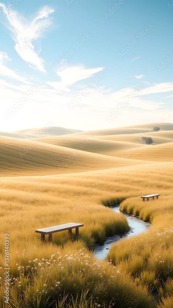 Fototapeta premium Serene Golden Landscape with Benches and Stream