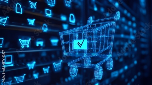 Shopping cart icons with arrows pointing towards a central cart with a download symbol, glowing in blue on a dark background. Concept of e-commerce and online shopping. 3D Rendering