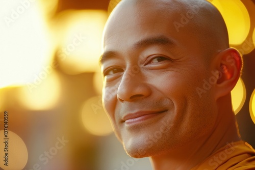 Smiling asian male adult with warm sunset background.