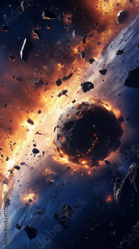 Dramatic asteroid field in deep space with an exploding planet, designed as an intense sci-fi phone wallpaper.

