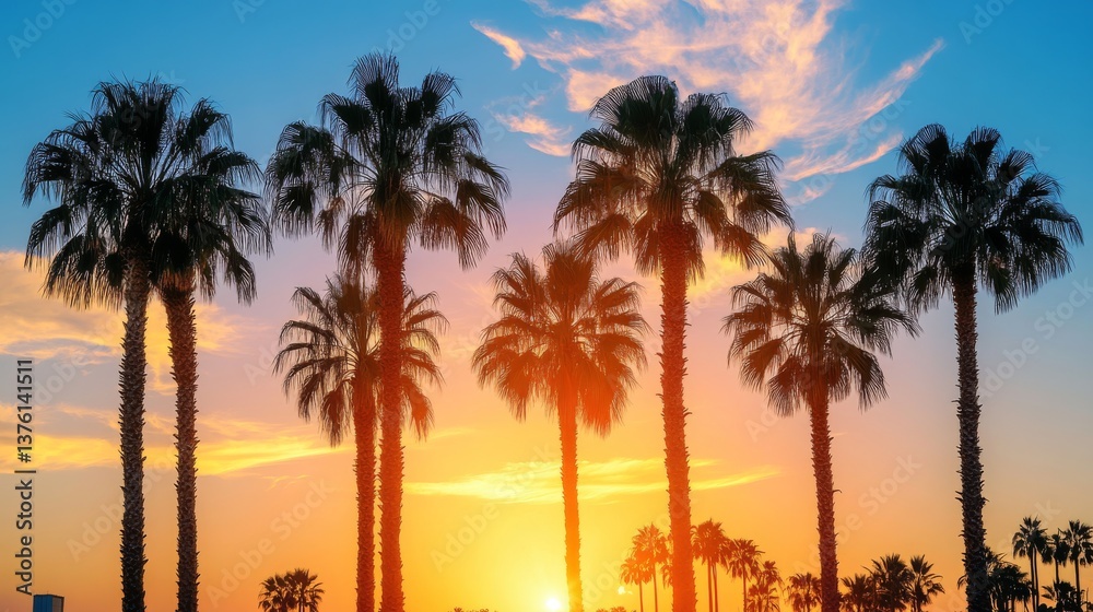 Obraz premium Sunset between palm trees, silhouettes of trees