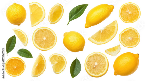 A bunch of lemons and limes are sliced and scattered across a white background