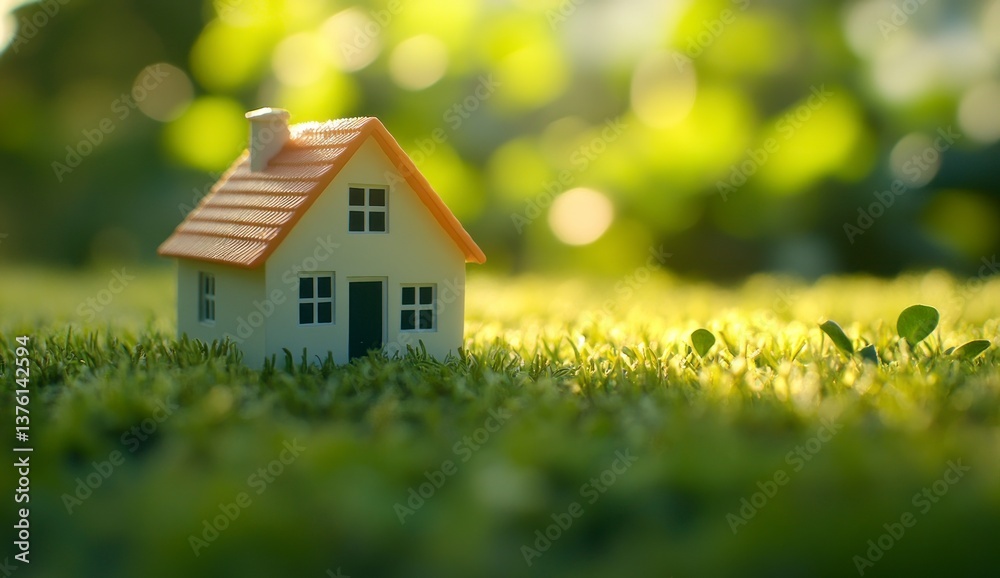 Small Toy House in Grass with Bokeh Sunlight Ideal for Advertising Small Toy House in Grass with Bokeh Sunlight Ideal for Advertising