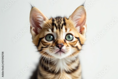 Bengal kitten with green eyes staring up on white backdrop, pet, domestic