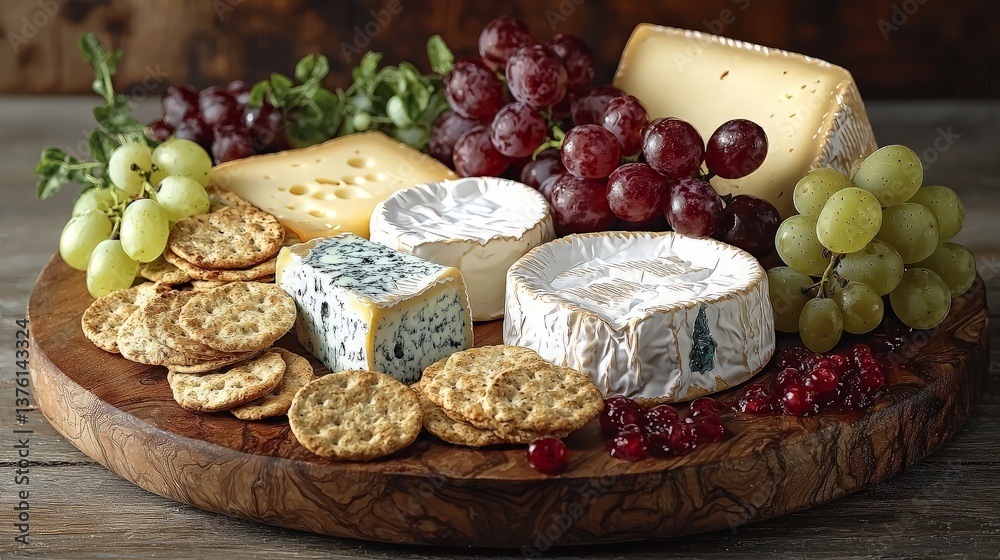 Cheese & Grapes Platter on Wooden Board Cheese & Grapes Platter on Wooden Board