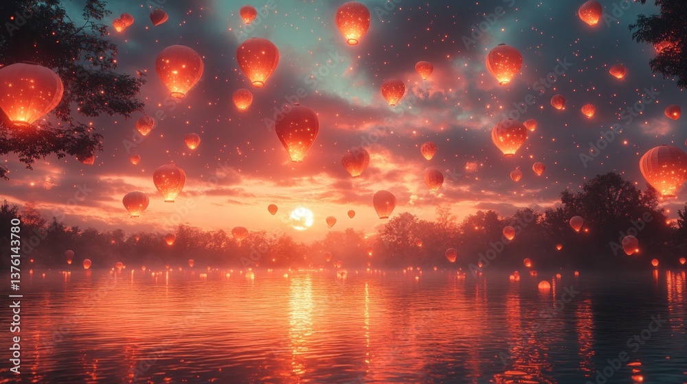 Sky lanterns float over lake at sunset Sky lanterns float over lake at sunset