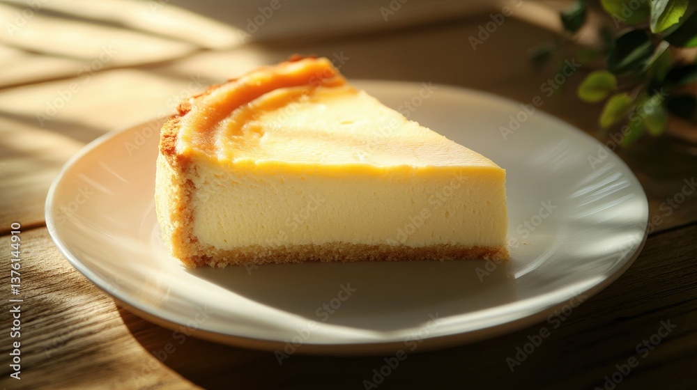 Cheesecake Slice on Plate with Sunlight and Wooden Background Cheesecake Slice on Plate with Sunlight and Wooden Background