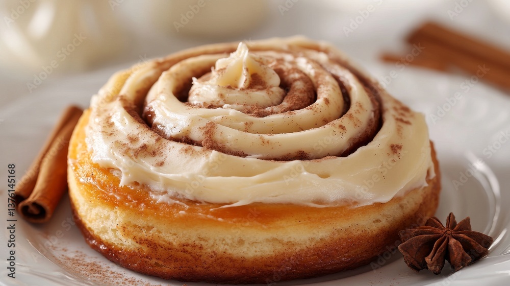 Tasty cinnamon roll with cream and spices isolated on white Tasty cinnamon roll with cream and spices isolated on white