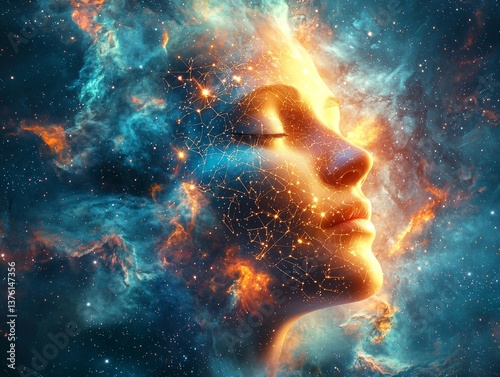 Celestial connection, ethereal human face merged with cosmic galaxy backdrop