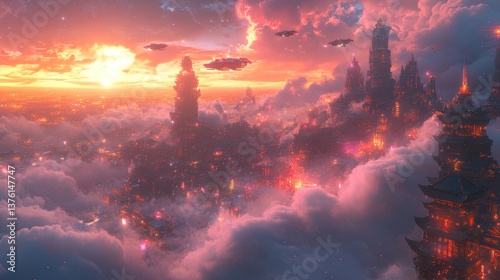 Sunset over futuristic cloud city; spaceships fly; game art