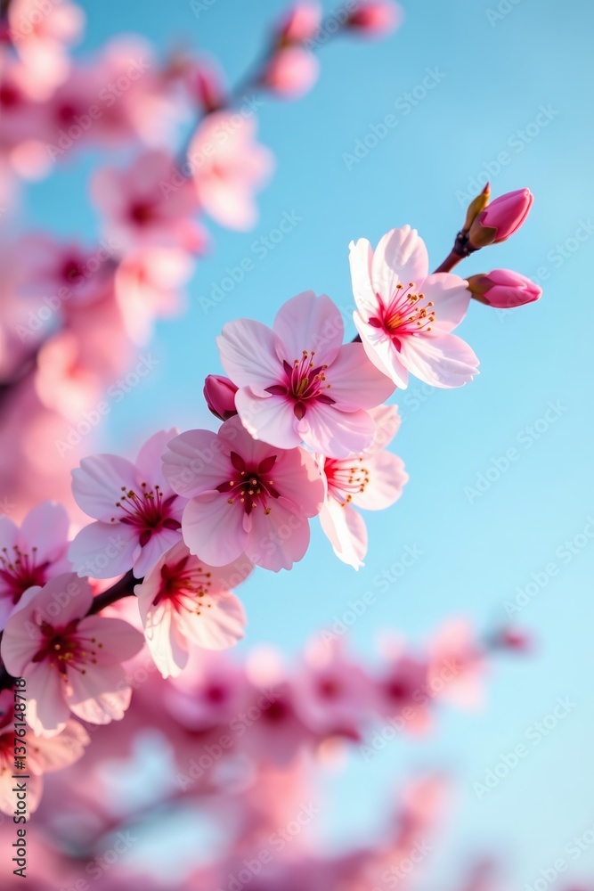Branch of blooming sakura with fluffy pink petals set against a serene sky, tree, blooming, Japanese Branch of blooming sakura with fluffy pink petals set against a serene sky, tree, blooming, Japanese