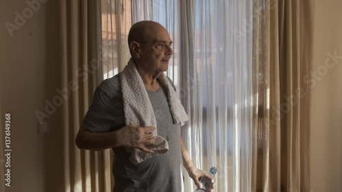 Man Staying Hydrated After Exercise in Sunlit Interior Setting
