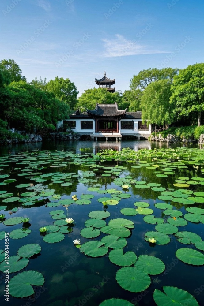 Fototapeta premium arafed view of a pond with lily pads and a pagoda in the background