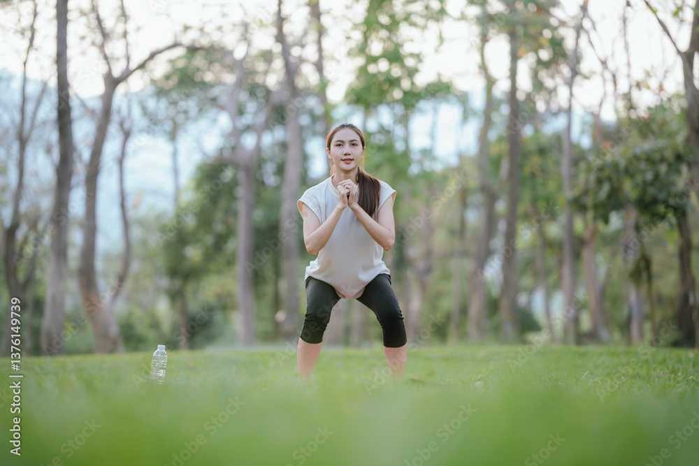Young Asian woman practicing yoga in a quiet park, gracefully in a relaxed pose, relaxing and strengthening her body, flexibility and relaxation amidst the green grass. Young Asian woman practicing yoga in a quiet park, gracefully in a relaxed pose, relaxing and strengthening her body, flexibility and relaxation amidst the green grass.