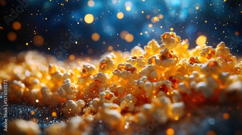 Golden popcorn pile, vibrant bokeh background, glittering surface, movie night