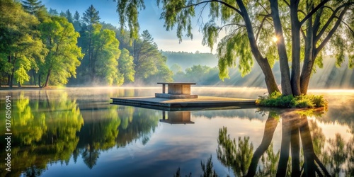 Serene Sunrise Over Calm Lake with Misty Reflections and Solitary Lakeside Bench