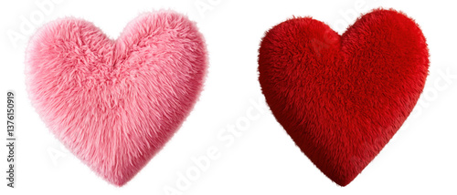 Fluffy pink and red heart plush set, soft valentine decoration, cute romantic symbol for love, isolated on a transparent background