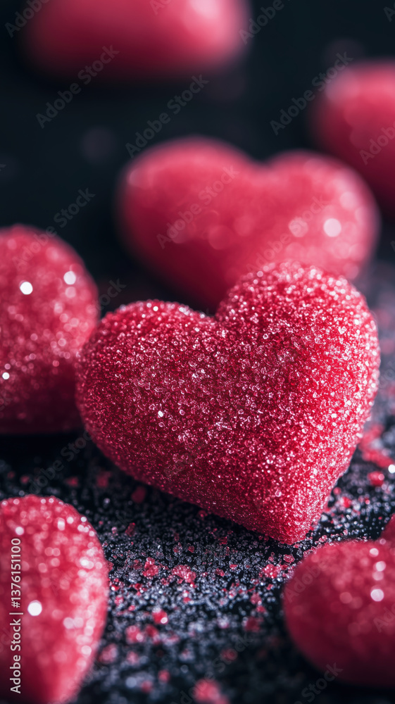 Obraz premium A close-up of glittery red heart-shaped candies on dark background adds a romantic sparkle to any phone wallpaper.