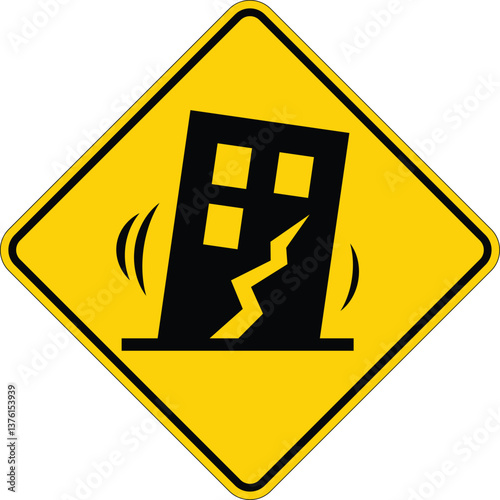 Earthquake Warning Sign with Cracked Building