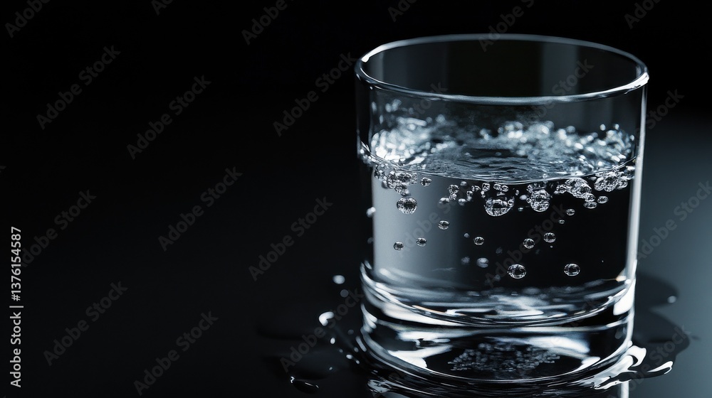 A refreshing clear glass of water sparkling on a dark black background, highlighting the droplets and ripples on the water's surface. illustration A refreshing clear glass of water sparkling on a dark black background, highlighting the droplets and ripples on the water's surface. illustration
