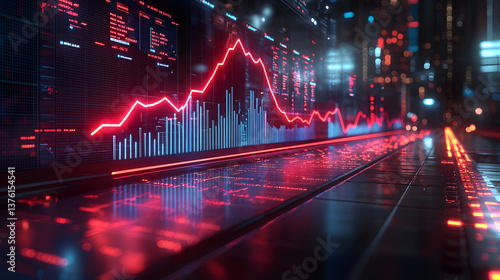 Red Stock Market Graph Digital Display on a futuristic digital background. 
