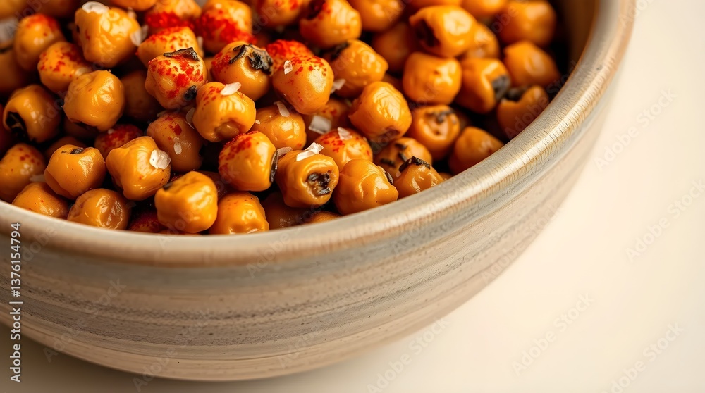 A handful of spicy, crunchy roasted chickpeas with a dusting of smoked paprika and sea salt, served in a rustic ceramic bowl A handful of spicy, crunchy roasted chickpeas with a dusting of smoked paprika and sea salt, served in a rustic ceramic bowl
