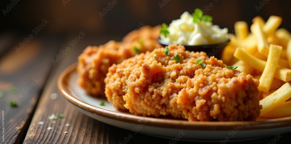 Close up of crispy fried chicken with fries and coleslaw, lunch, coleslaw, meal Close up of crispy fried chicken with fries and coleslaw, lunch, coleslaw, meal
