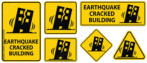 Earthquake Warning Sign with Cracked Building