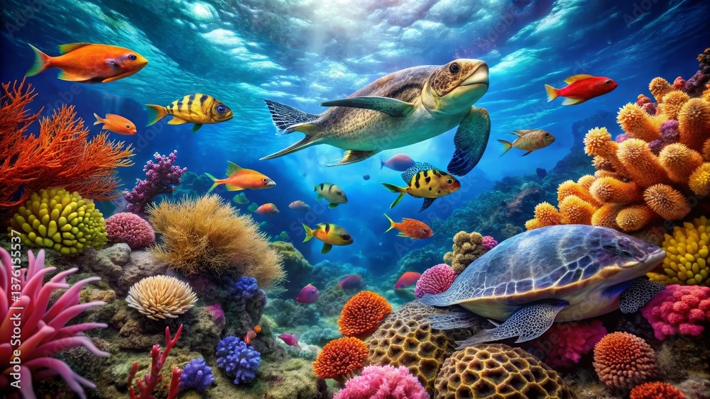 Naklejka premium Vibrant Underwater Scene Featuring Colorful Fish and Majestic Sea Turtles Gracefully Swimming Among Lush Coral Reefs