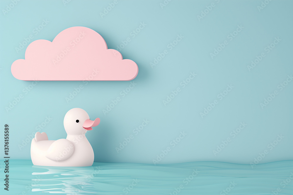 Cute white rubber duck floating in blue water with pink wall cloud, minimal pastel nursery background design Cute white rubber duck floating in blue water with pink wall cloud, minimal pastel nursery background design