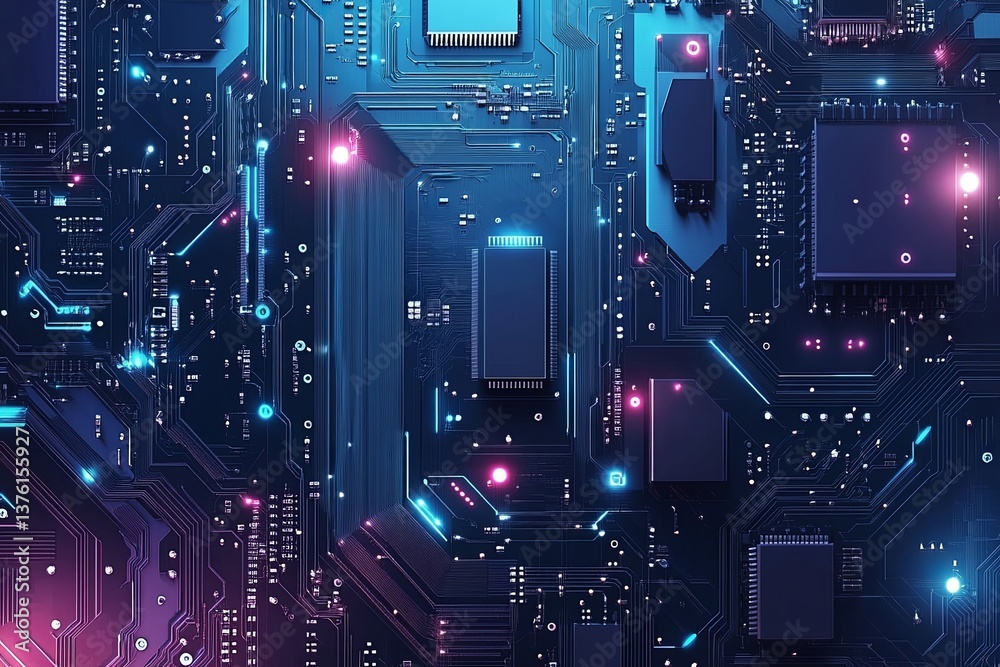 Circuit board design showcasing vibrant colors and intricate patterns in a high-tech environment Circuit board design showcasing vibrant colors and intricate patterns in a high-tech environment