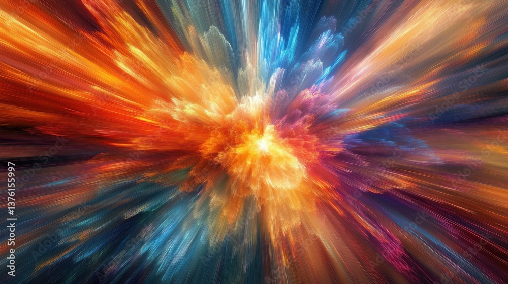 Obraz premium An intense burst of color and energy radiating from the center with streaks of light and vivid hues expanding outward illustration
