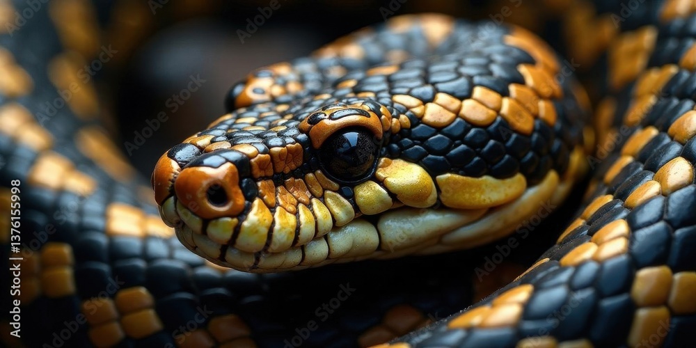 Close-up of a reptile with intricate black and gold patterned scales, showcasing its detailed texture and captivating gaze Close-up of a reptile with intricate black and gold patterned scales, showcasing its detailed texture and captivating gaze