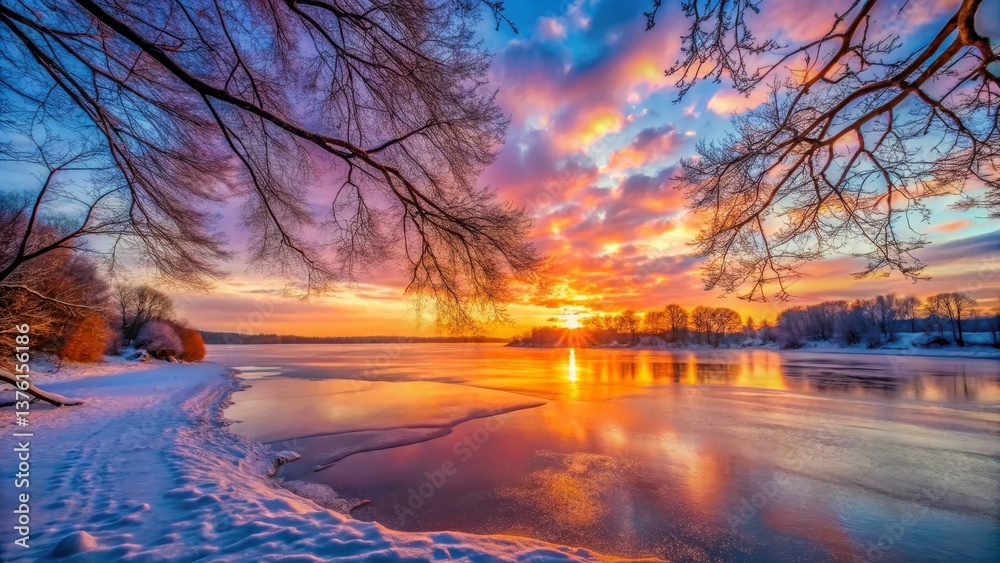 Naklejka premium Serene Winter Sunset Over Partially Frozen Lake with Snow Covered Banks and Bare Branches
