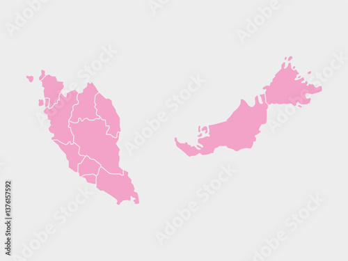 Pink map of Malaysia divided into states and territories. White flat design isolated on a white background. Highly detailed illustration