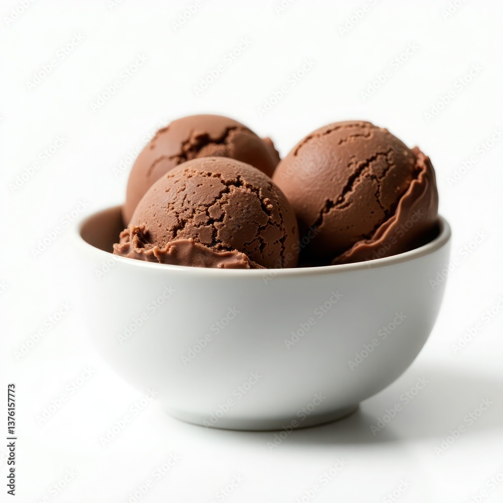 Delicious chocolate ice cream scoops in a white bowl, showcasing a rich texture and creamy appearance. Delicious chocolate ice cream scoops in a white bowl, showcasing a rich texture and creamy appearance.
