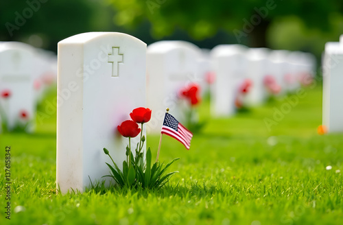 White tombstone, blooming poppies and decorative American flag nearby, memorial cemetery in blur in background, Memorial Day in USA