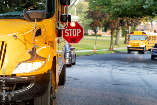 school bus on the road with stop sign out flashing red lights