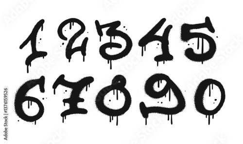 Urban graffiti numbers drip paint set. Black on white, 1, 2, 3, 4, 5, 6, 7 8, 9. Vector textured illustration. Numbers from zero to nine. Set of graffiti number spray. 90s Elements decoration.