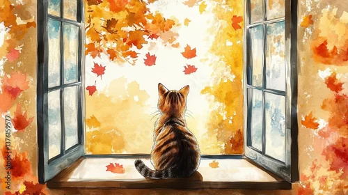 Obraz Cat sitting by open window watching autumn leaves in watercolor scene illustration