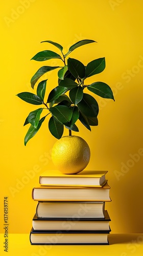 Books, citrus plant, yellow background, education, still life, nature