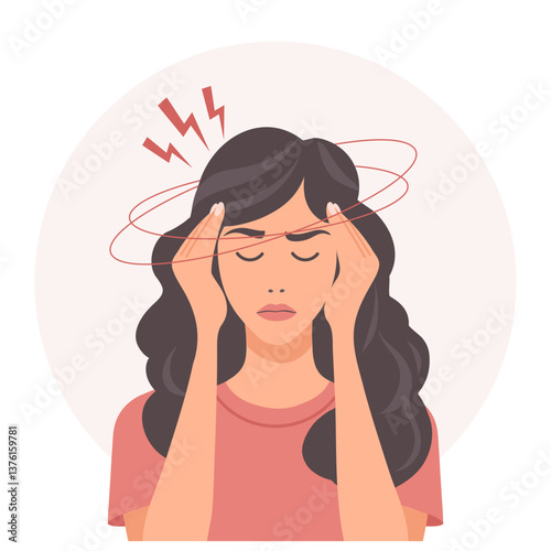 Young woman suffering from headache, stress, migraine. Medicine concept. Flat style illustration.