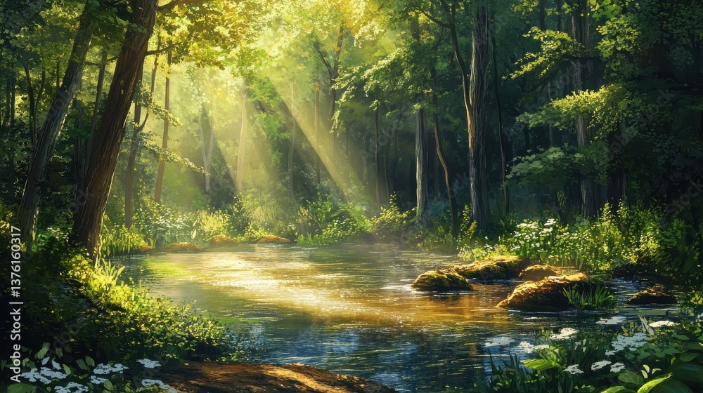 Obraz premium A tranquil forest scene captures the beauty of nature as the sun's rays filter through the water, illuminating the lush trees and plants in a picturesque landscape illustration