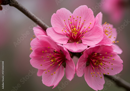 Close-Up of Pink Cherry Blossoms in Full Bloom with Delicate Petals and Yellow Stamens