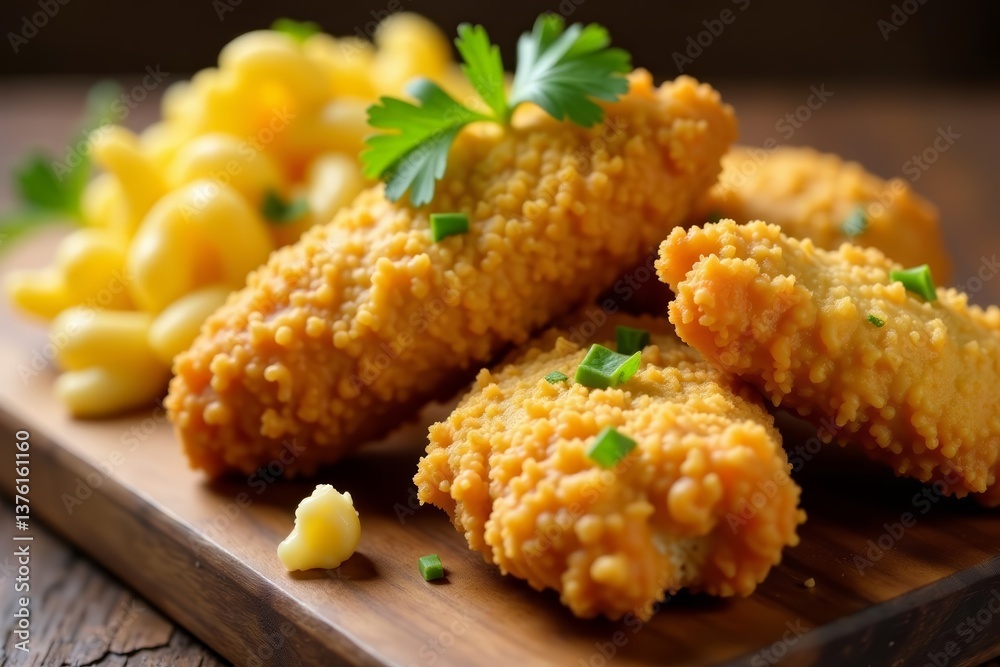 Close up of golden chicken tenders and cheesy macaroni and cheese on a wooden board, macaroni, pasta Close up of golden chicken tenders and cheesy macaroni and cheese on a wooden board, macaroni, pasta