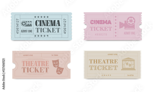 set of retro cinema and theatre tickets on white background