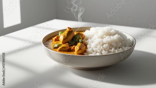 Steaming Chicken Curry Served with Fluffy White Rice photo
