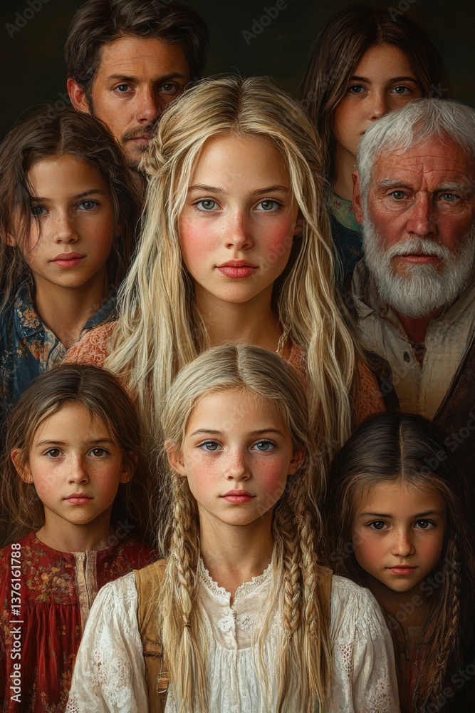 Obraz premium A large family portrait, painted in a classical style. The subjects gaze directly at the viewer